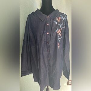 eShakti Dark Blue Denim Shirt with Floral Embroidery